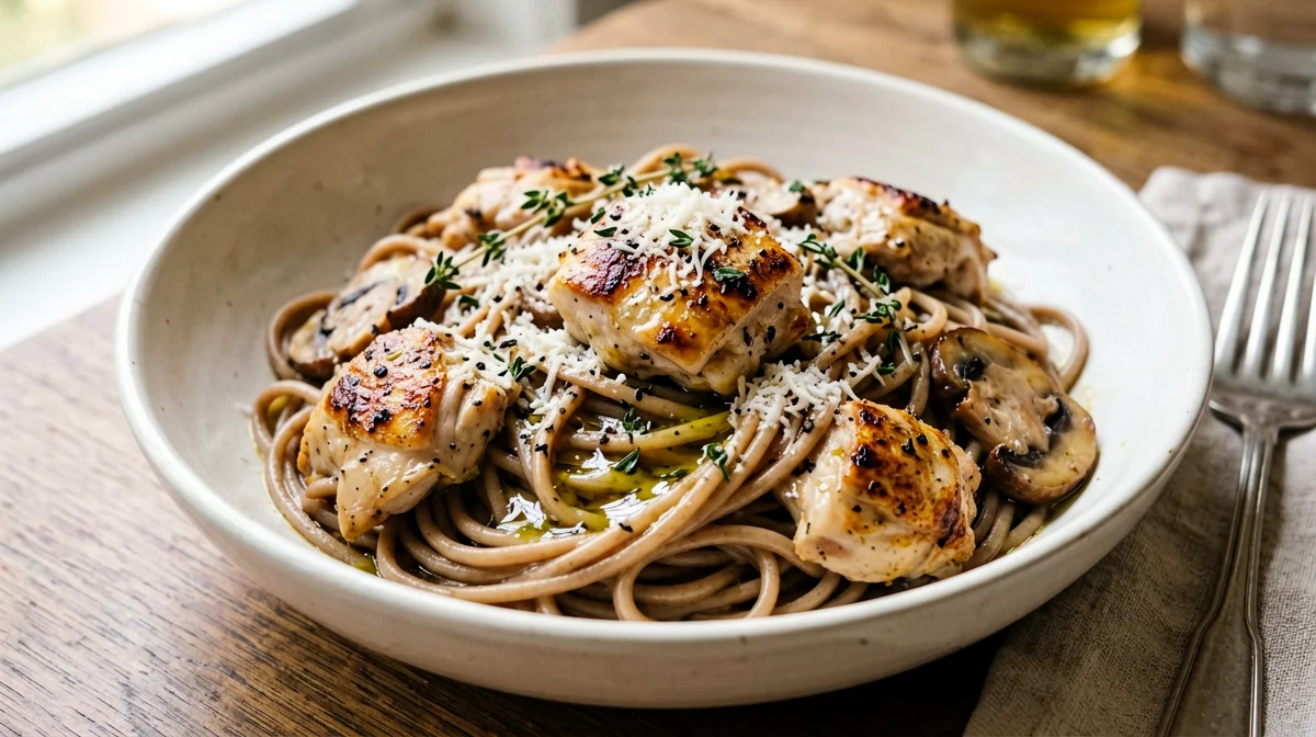 Whole wheat pasta with chicken, mushrooms and thyme