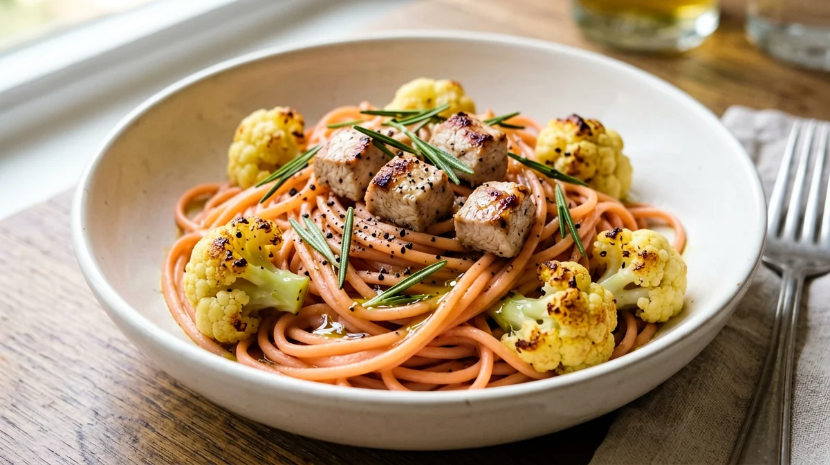 Red lentil pasta with cauliflower and rosemary turkey