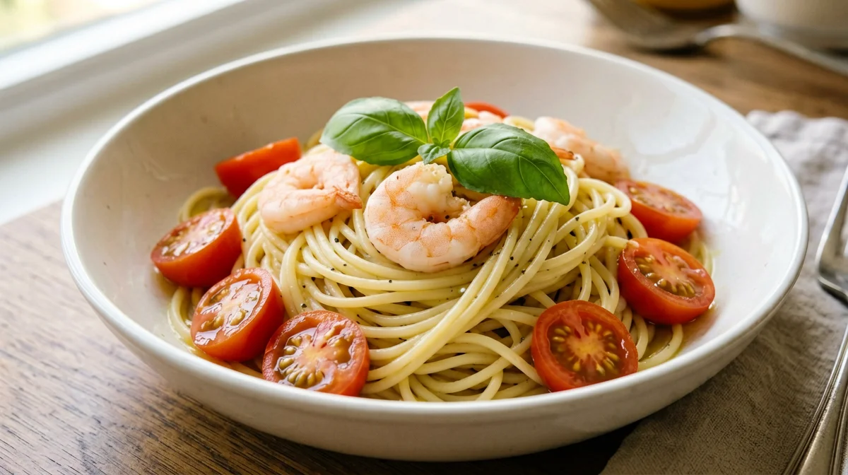 Spaghetti senza glutine con gamberi, pomodorini e basilico