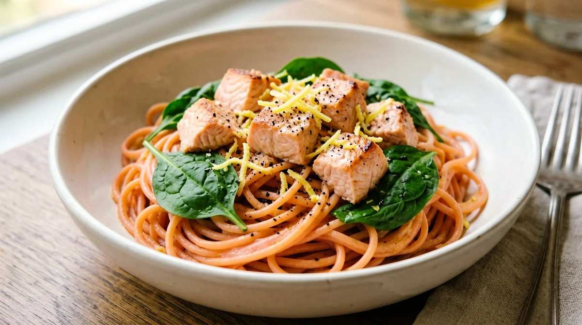 Pasta di lenticchie rosse con salmone, spinaci e limone