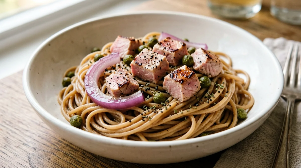 Spaghetti integrali con tonno fresco e cipolla rossa