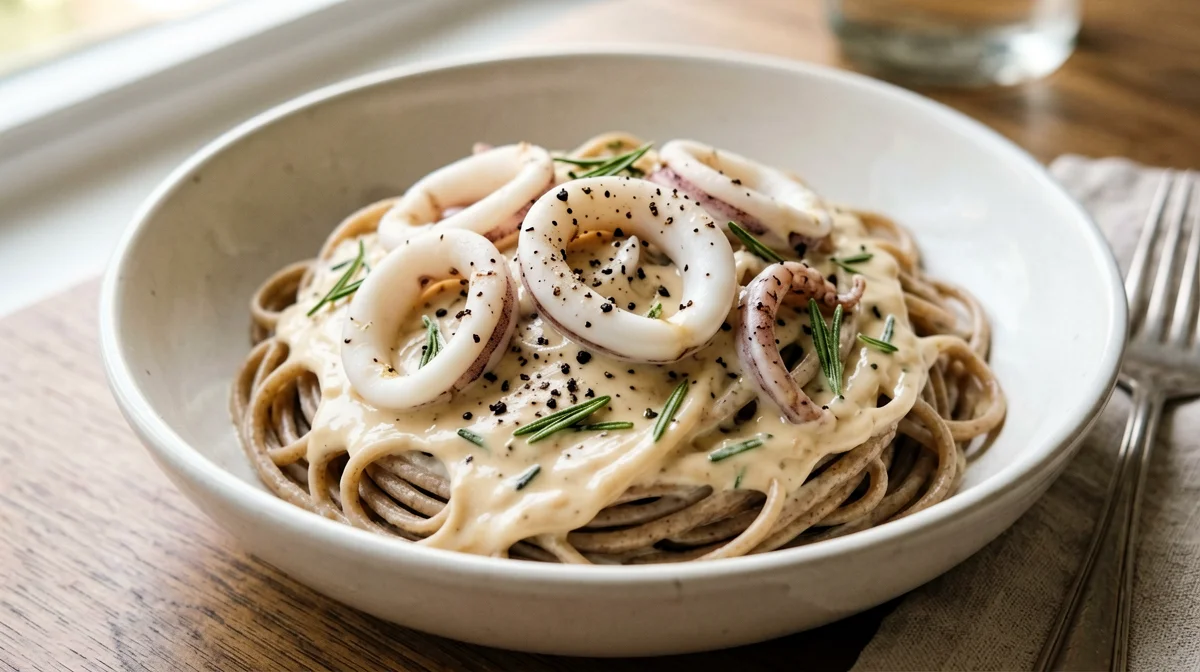 Pasta integrale con crema di ceci e calamari