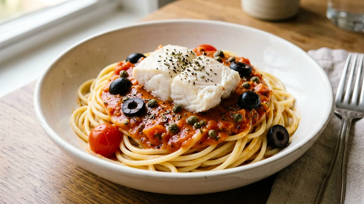 Chickpea pasta with cod pizzaiola