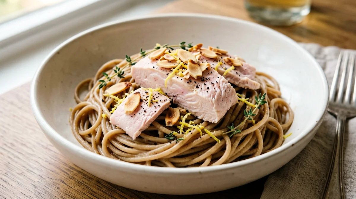 Pasta integrale con trota, mandorle e timo