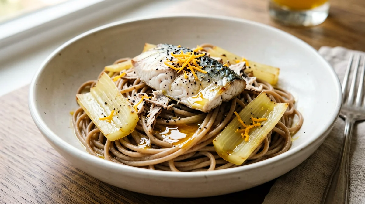Whole wheat pasta with mackerel, fennel and orange