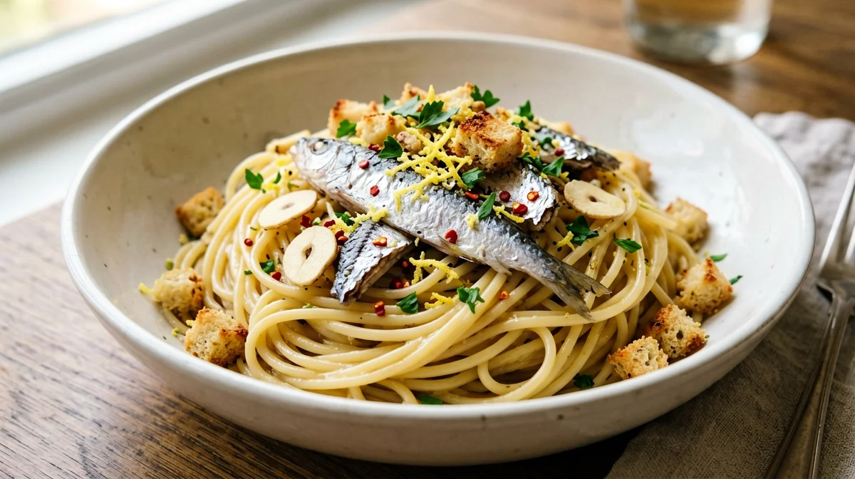 Spaghetti con sardine sott'olio, limone e pangrattato
