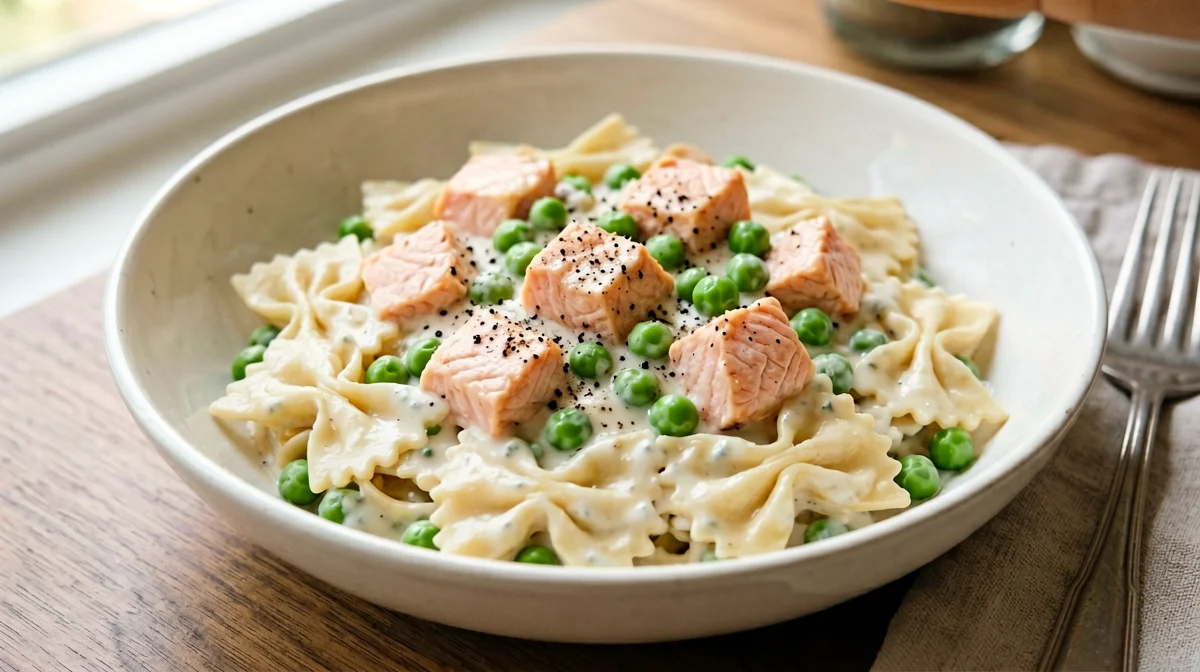 Farfalle with salmon, peas and ricotta
