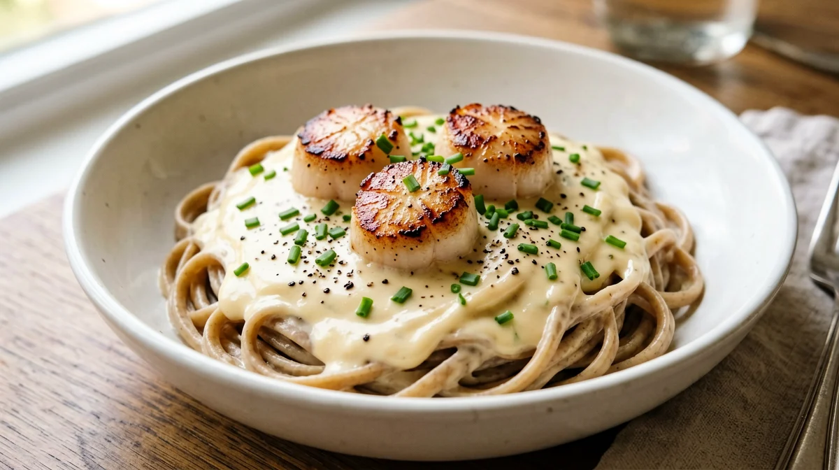 Pasta integrale con capesante e crema di cavolfiore