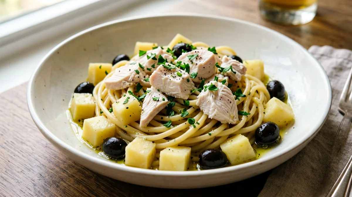 Pasta con nasello, patate e olive alla ligure