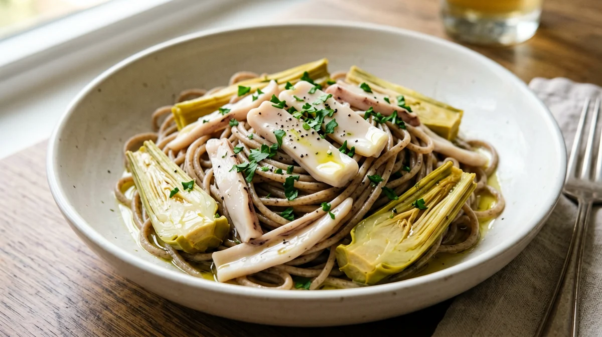 Whole wheat pasta with cuttlefish and artichokes