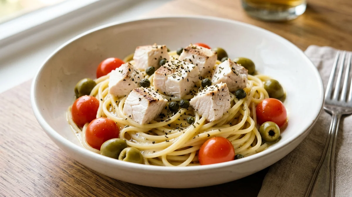 Chickpea pasta with swordfish, olives and capers