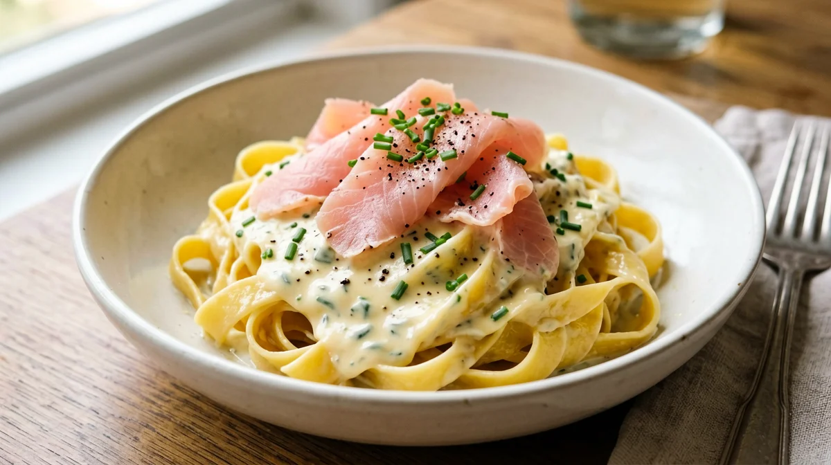 Tagliatelle con salmone affumicato, limone ed erba cipollina
