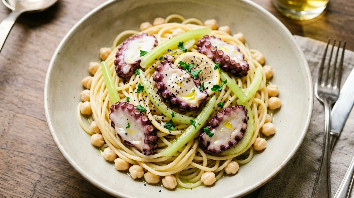 Insalata di pasta di ceci con polpo e sedano