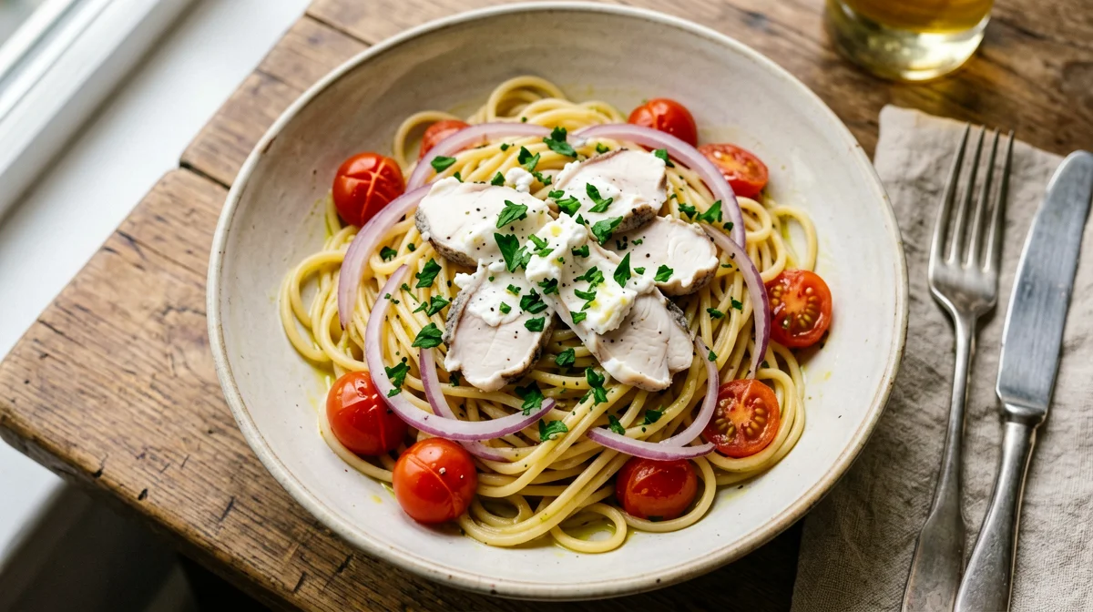 Pasta con alici marinate e cipolla rossa