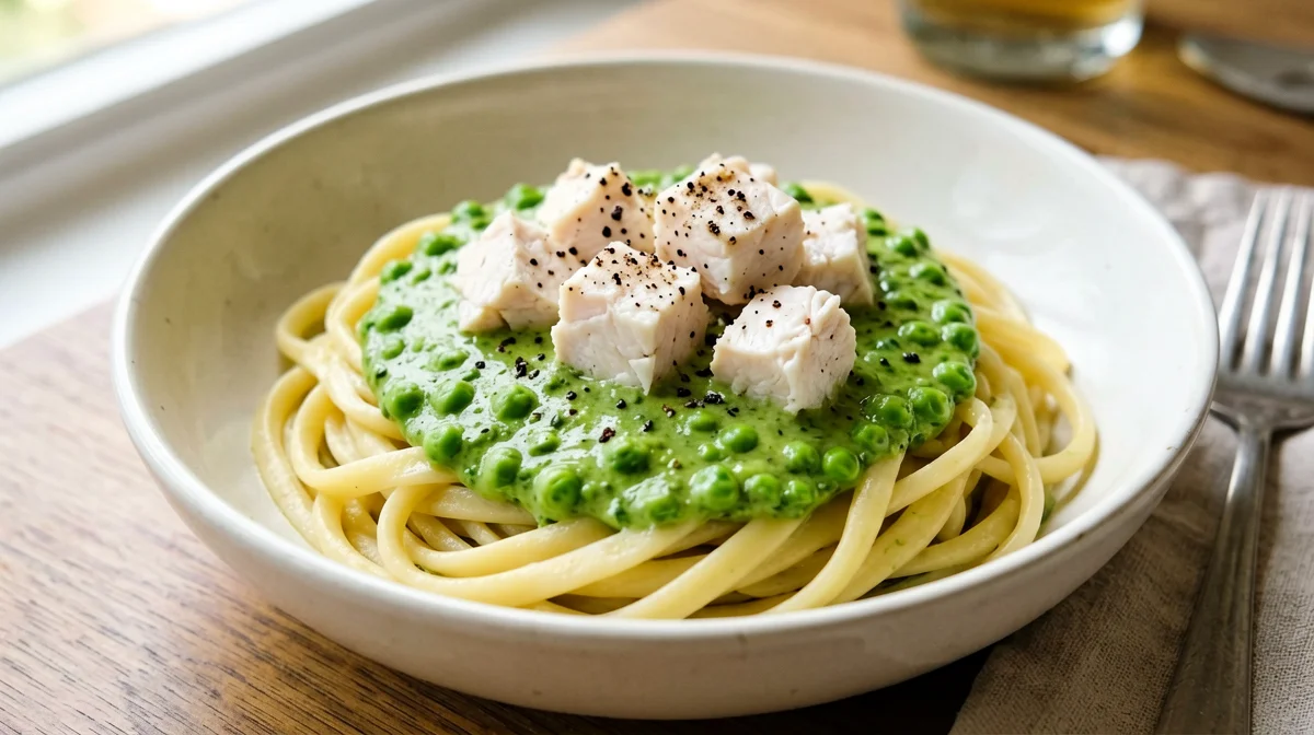 Gluten-free pasta with cod and pea cream
