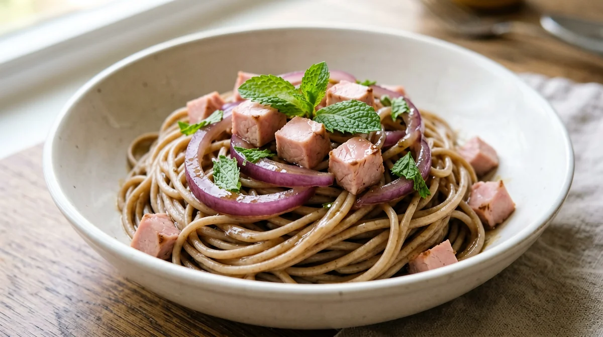 Whole wheat pasta with sweet-and-sour bonito