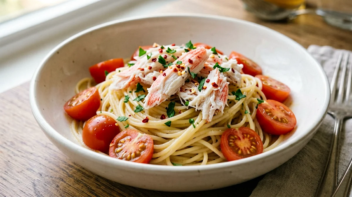 Spaghetti with crab and cherry tomatoes