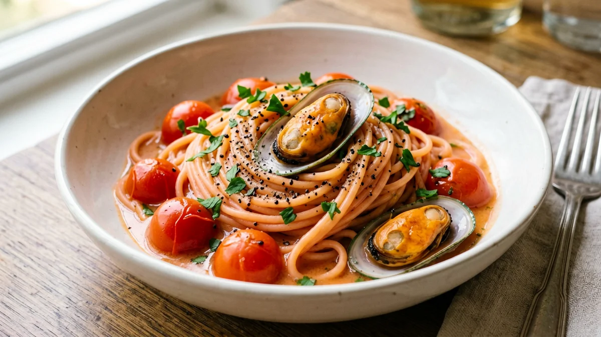 Pasta di lenticchie rosse con cozze e pomodorini
