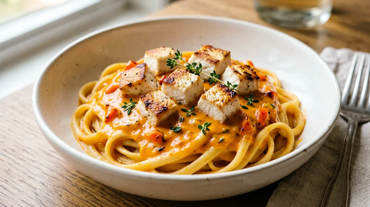 Pasta with monkfish and roasted pepper cream
