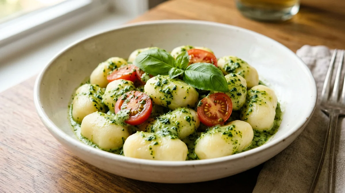 Potato gnocchi with pesto and cherry tomatoes