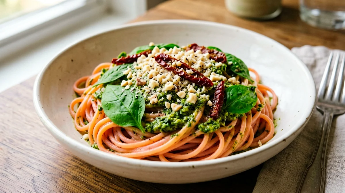 Pasta di lenticchie rosse con pesto di rucola e pomodori secchi