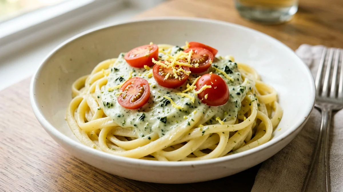 Pasta senza glutine al pesto di pistacchi e pomodorini