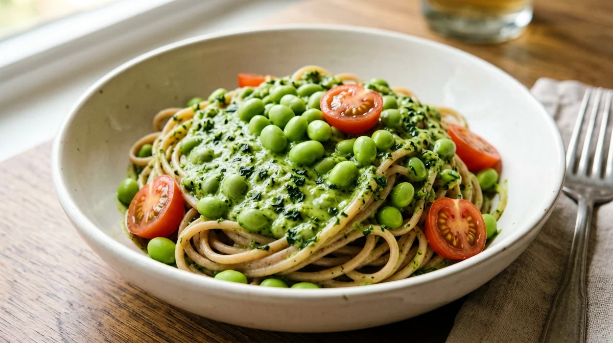 Pasta integrale al pesto di edamame e menta