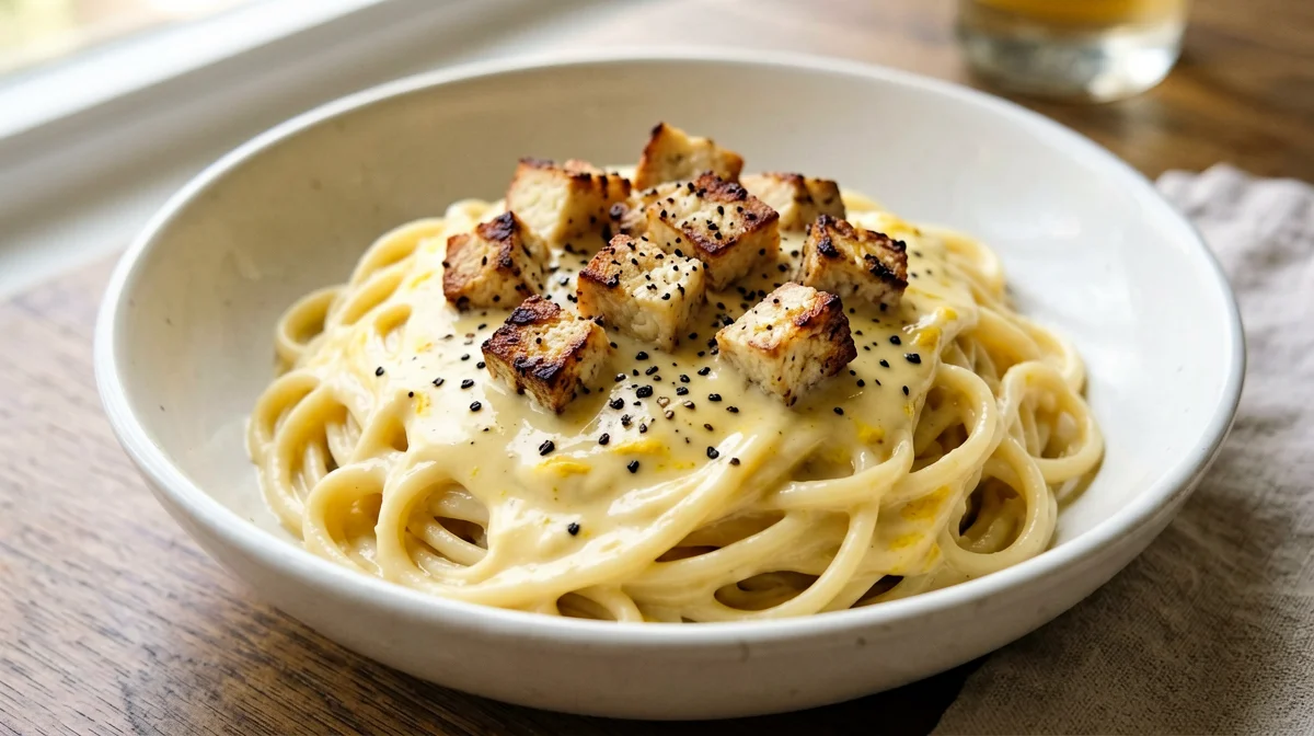 Vegan chickpea pasta carbonara with smoked tofu