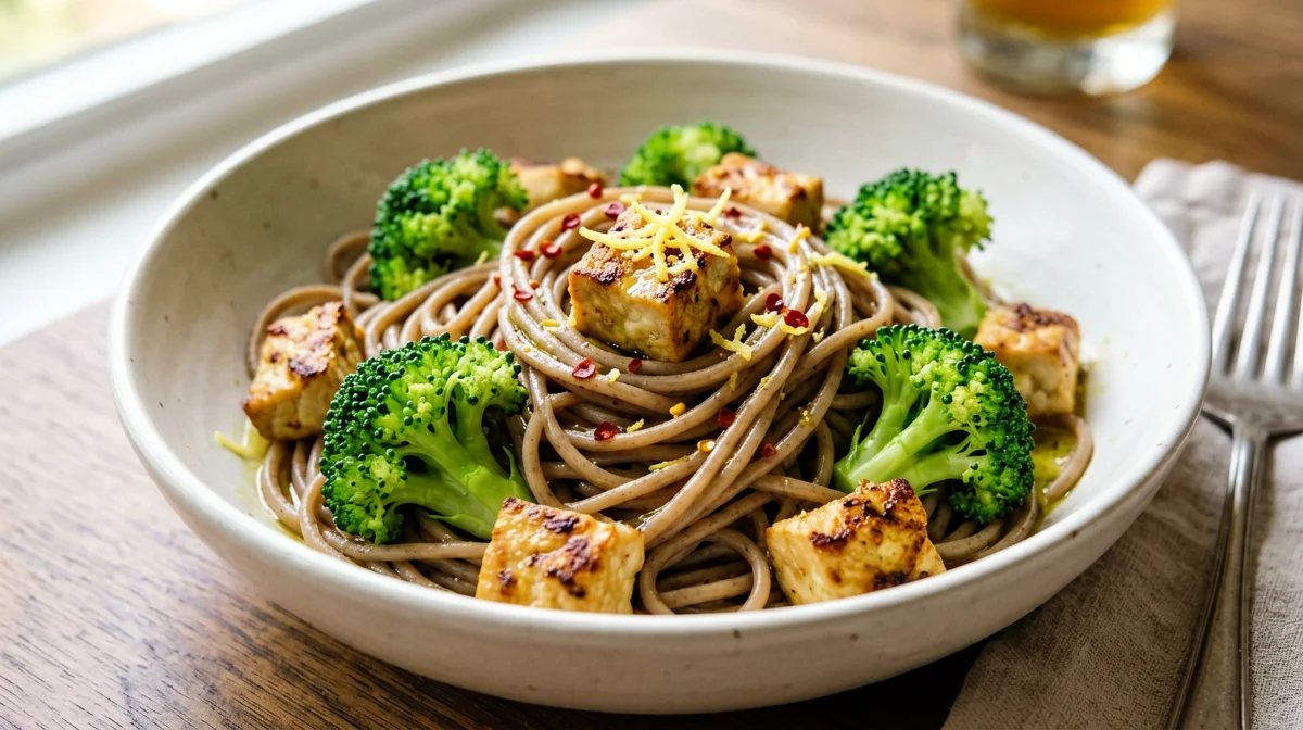 Pasta integrale con tempeh, broccoli e limone
