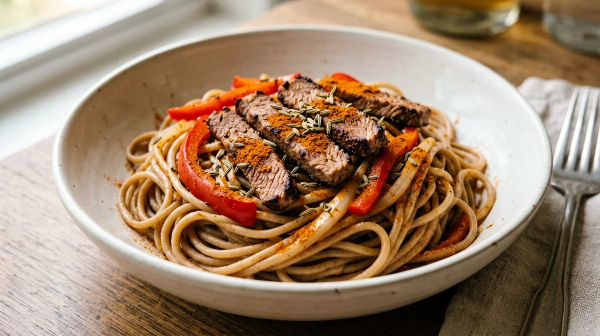 Whole wheat pasta with seitan, peppers and onion