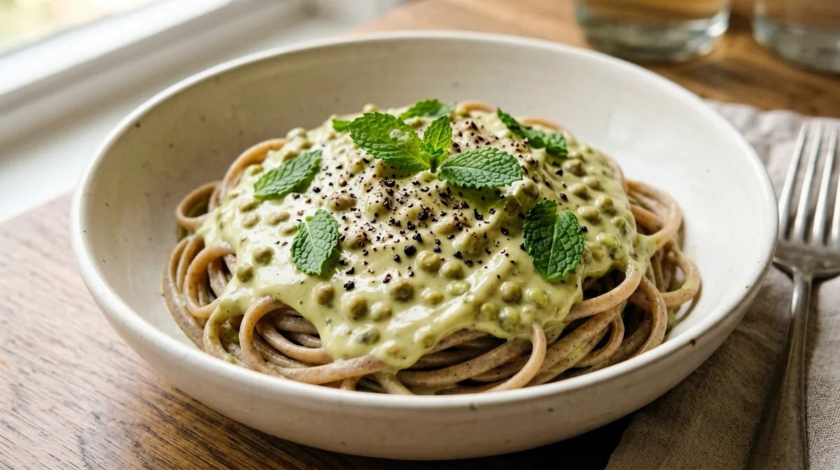 Whole wheat pasta with split pea cream and mint