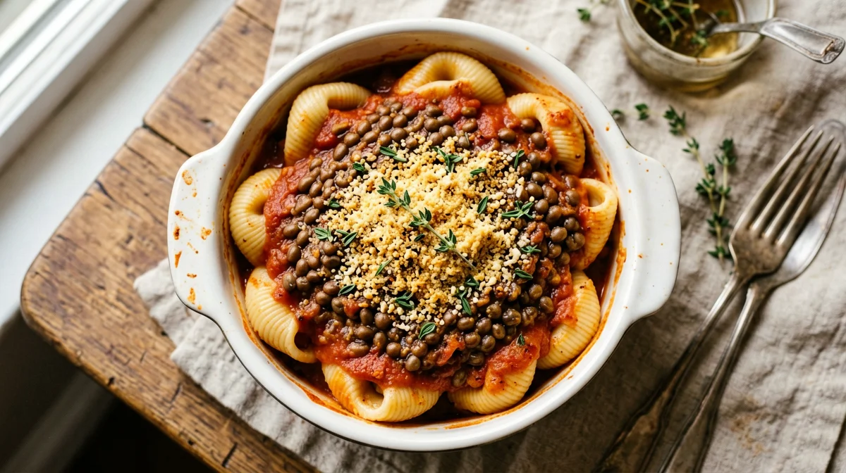 Baked conchiglioni with lentil ragù