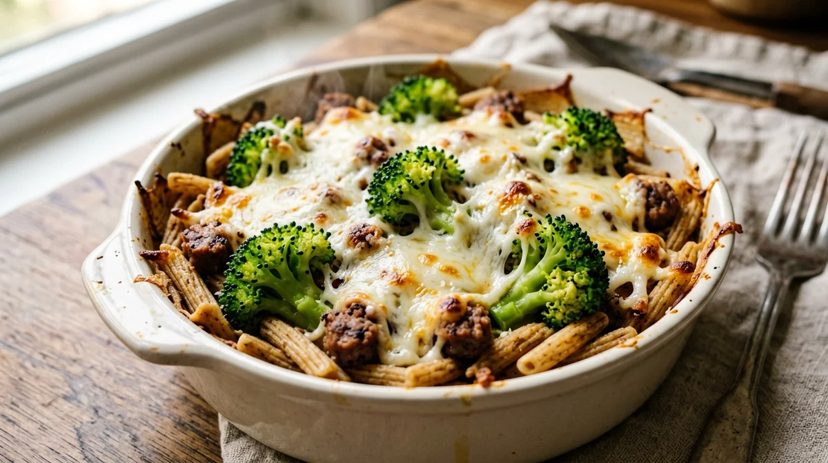 Baked pasta with broccoli and sausage