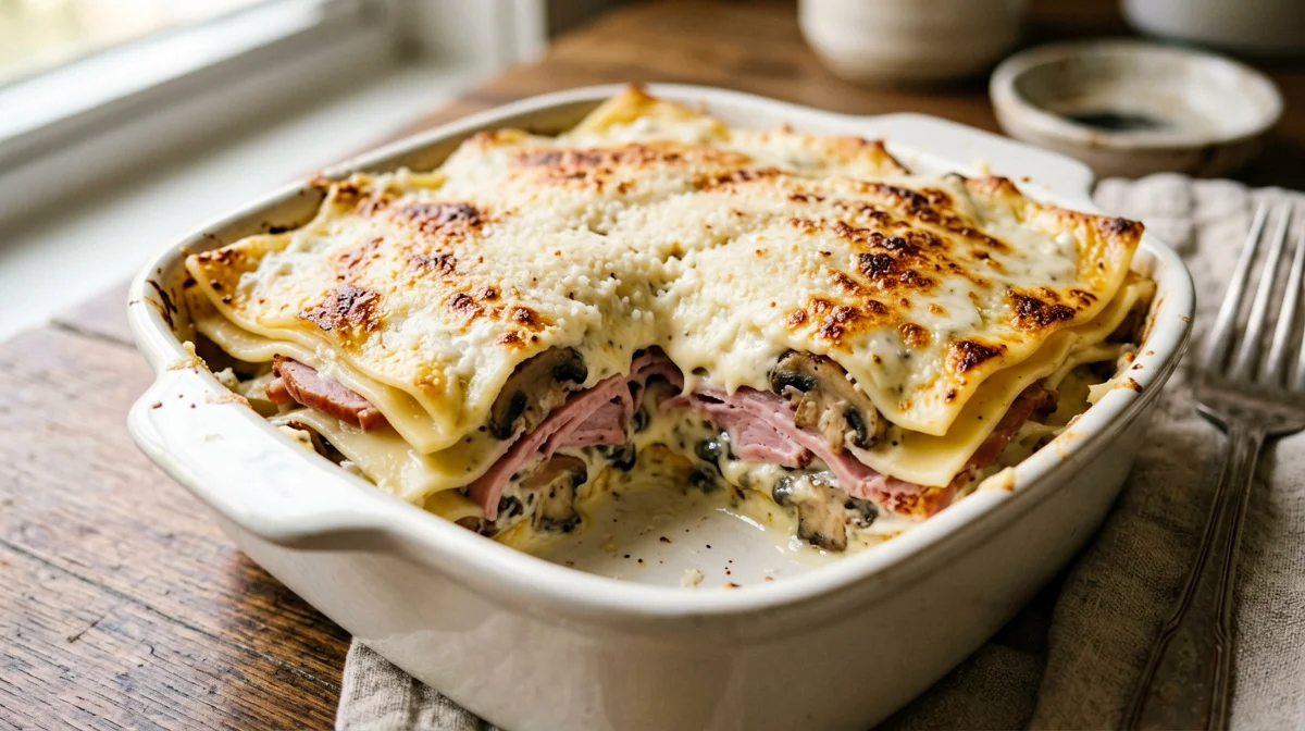 Mushroom and ham lasagne for one