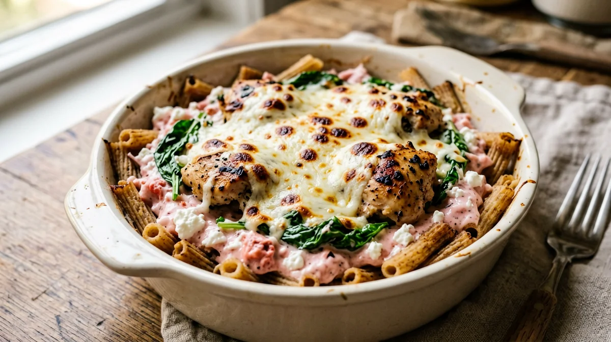 Baked pasta with chicken, spinach and ricotta