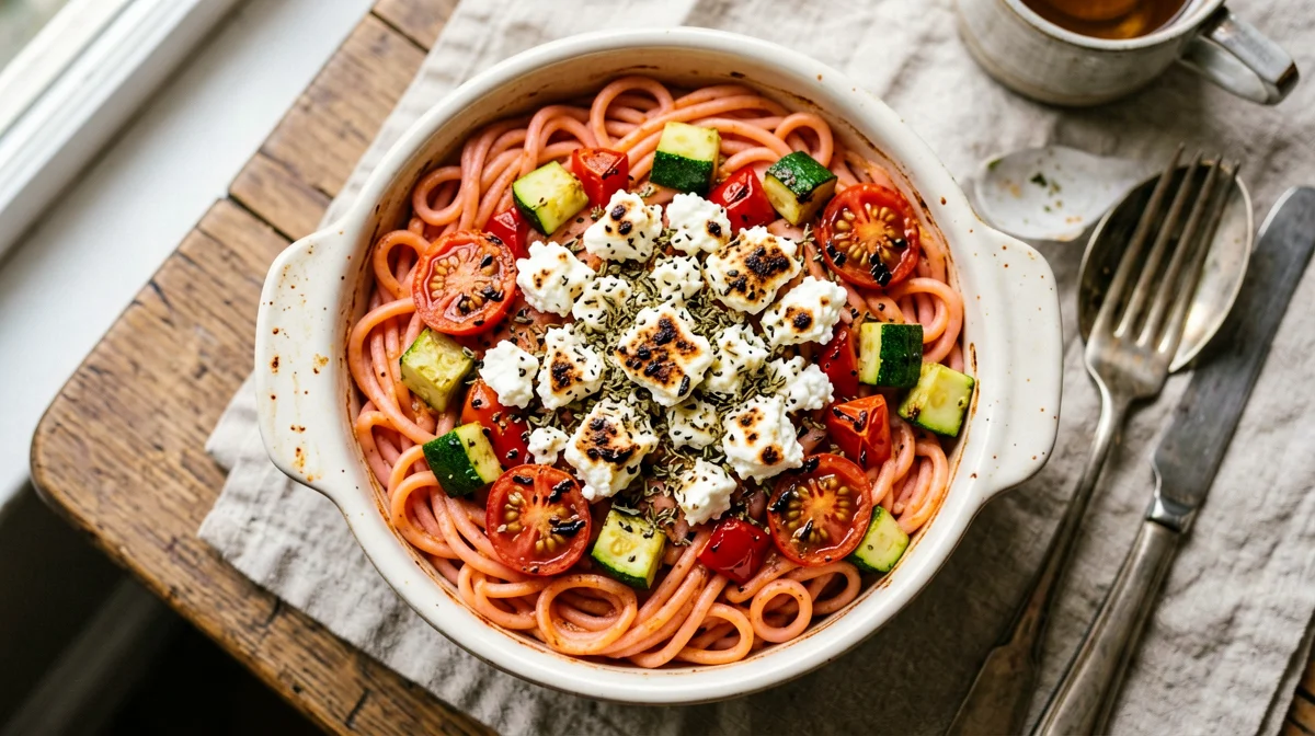 Baked lentil pasta with vegetables and feta