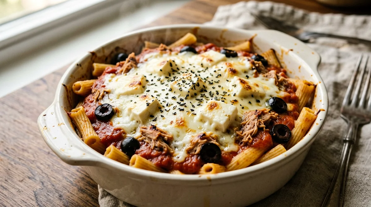 Pasta al forno con tonno, olive e pomodoro