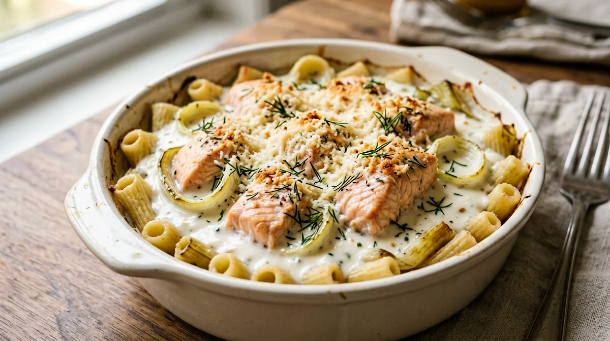 Baked pasta with salmon and leeks