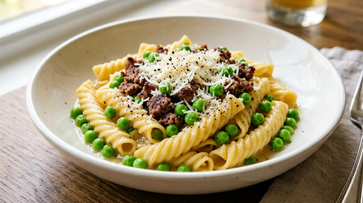 Garganelli with sausage and peas
