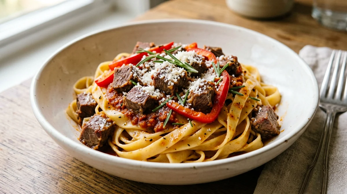 Maccheroni alla chitarra with lamb and pepper ragù