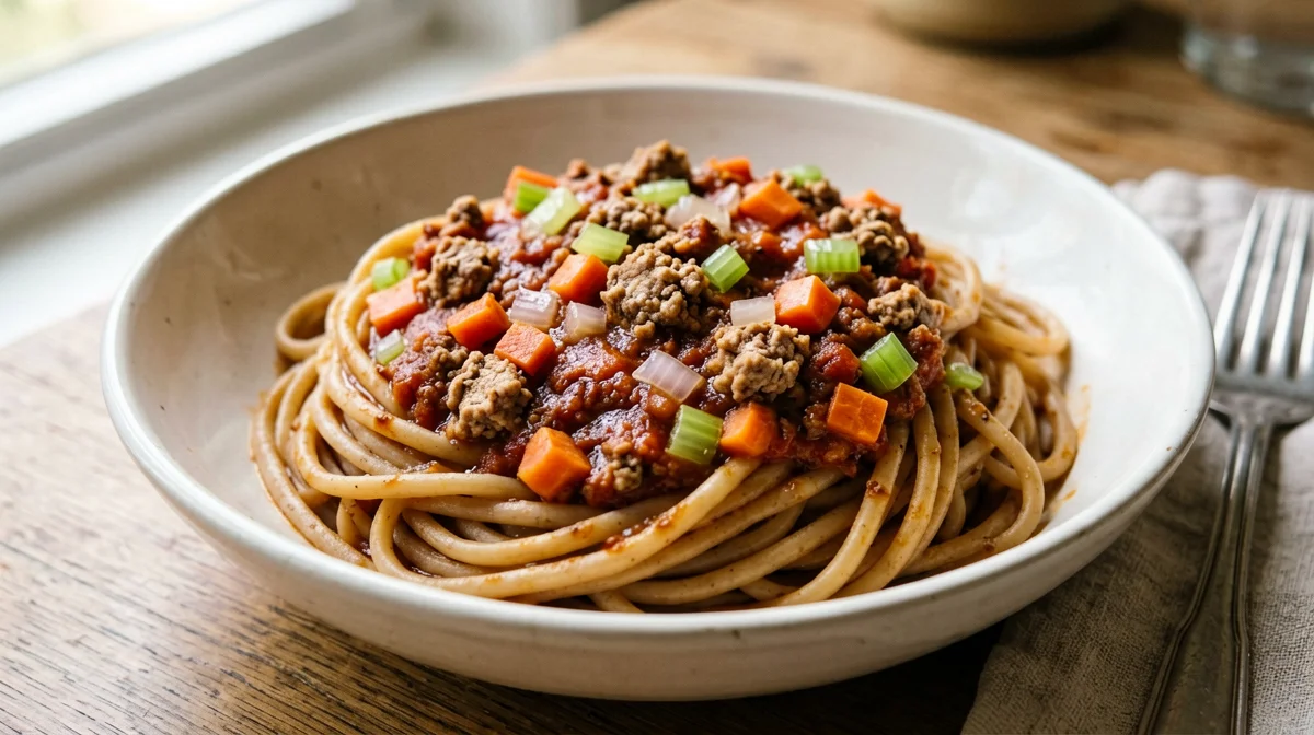 Whole wheat pasta with turkey and vegetable ragù