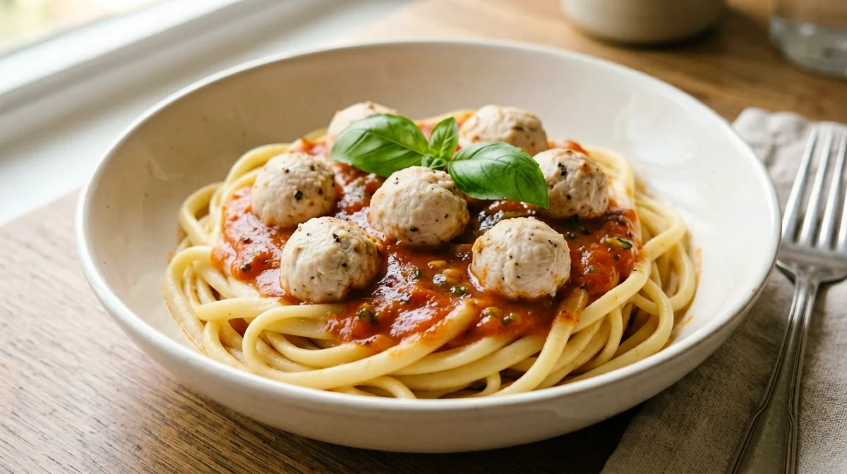 Gluten-free pasta with chicken meatballs in tomato sauce