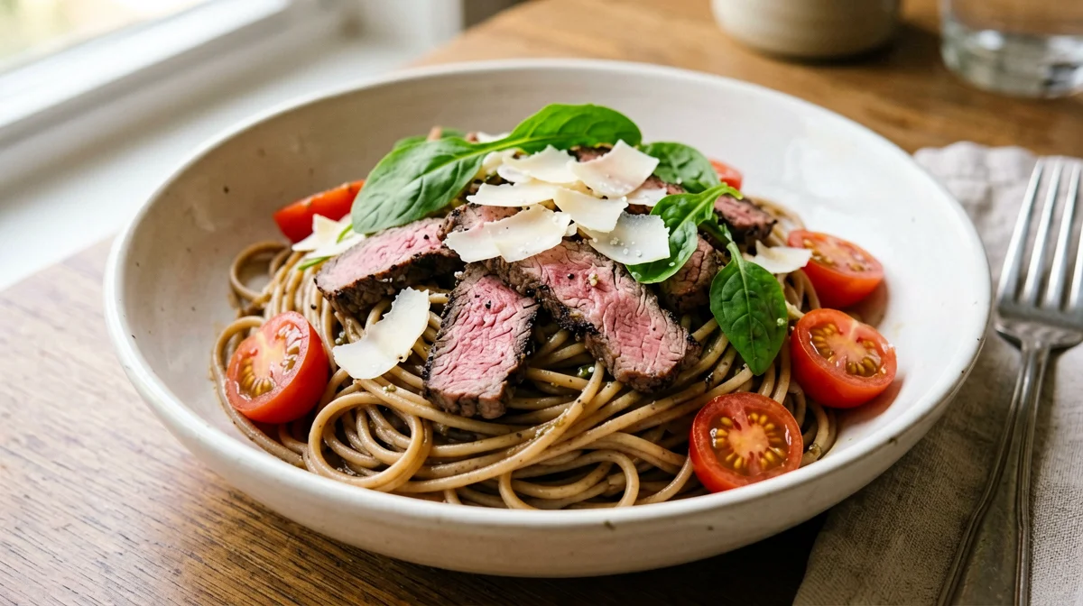Whole wheat pasta with beef strips, rocket and Grana