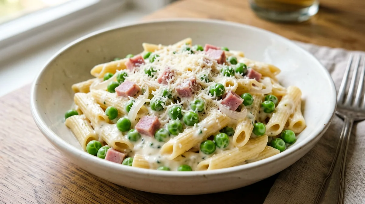 Penne prosciutto e piselli senza panna