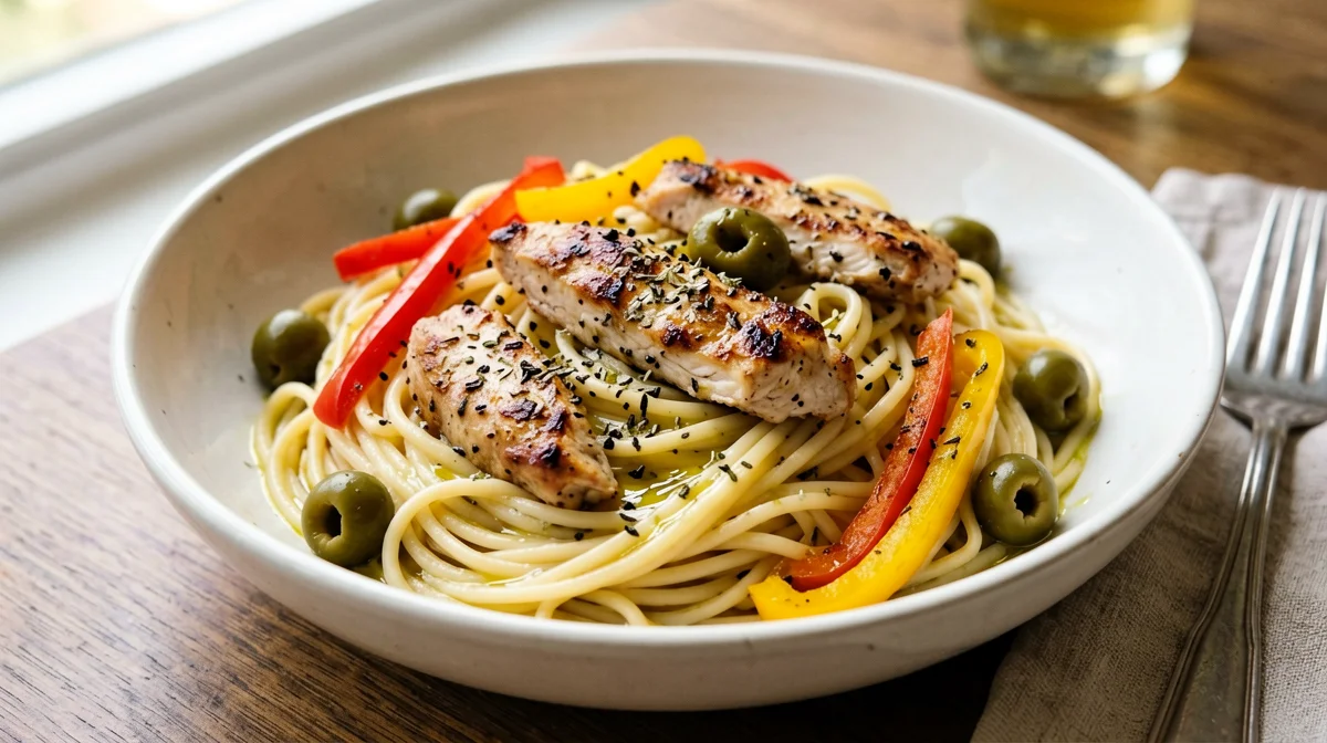 Pasta di ceci con pollo, peperoni e olive