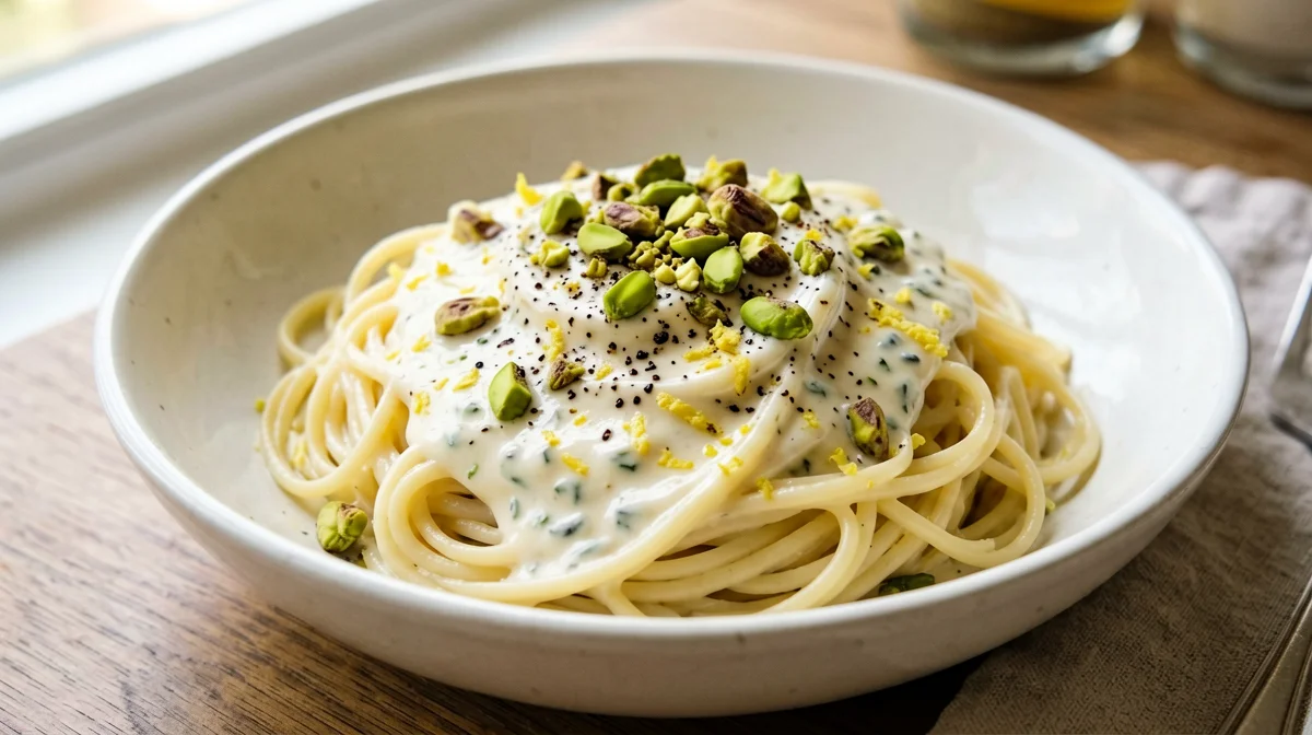 Spaghetti senza glutine al limone, ricotta e pistacchi