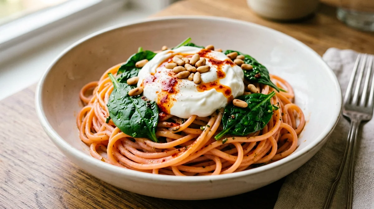 Pasta di lenticchie rosse con yogurt, spinaci e pinoli