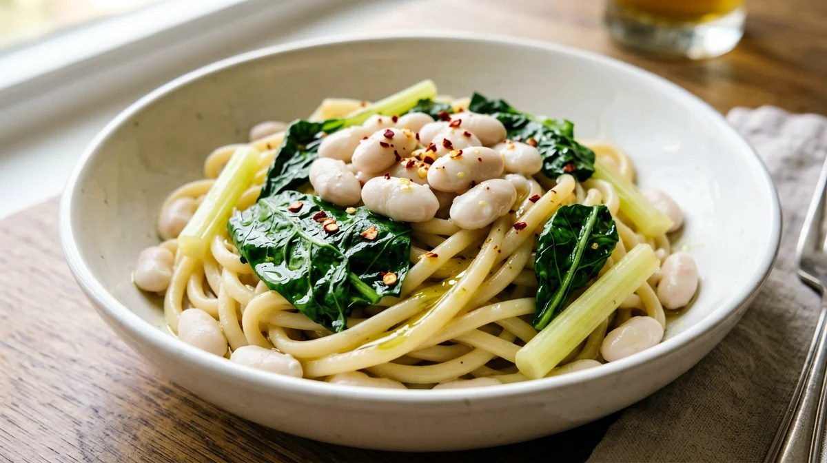 Pasta con bietole e cannellini all'aglio