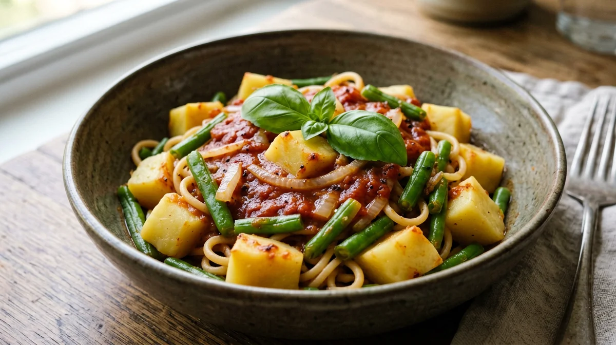 Pasta con fagiolini e patate al pomodoro
