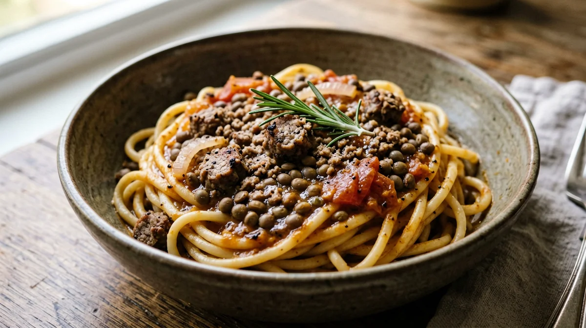 Pasta con lenticchie e salsiccia all'umbra